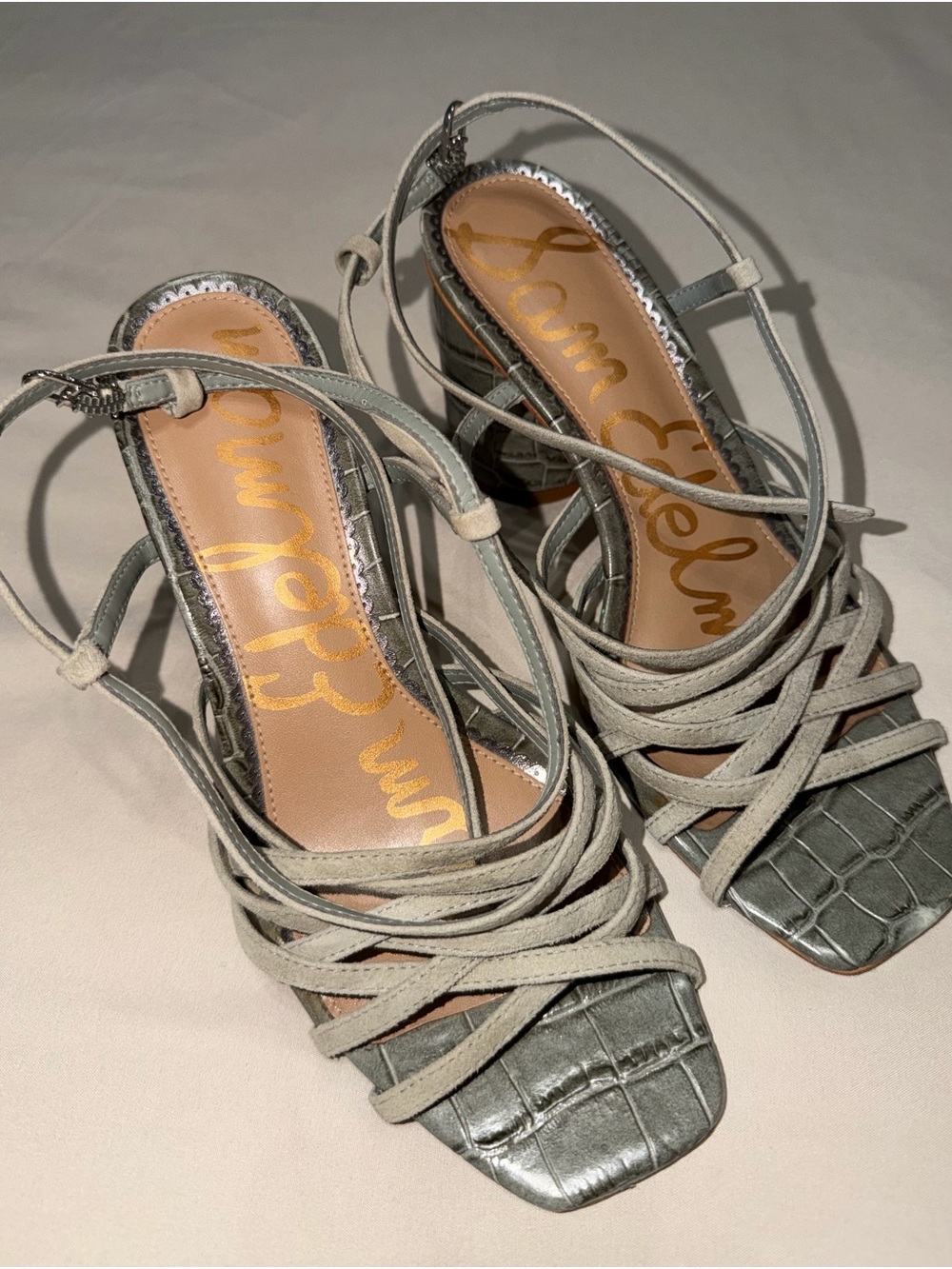 Sam Edelman Light Gray Croc-Texture Strappy Block Heel Sandals